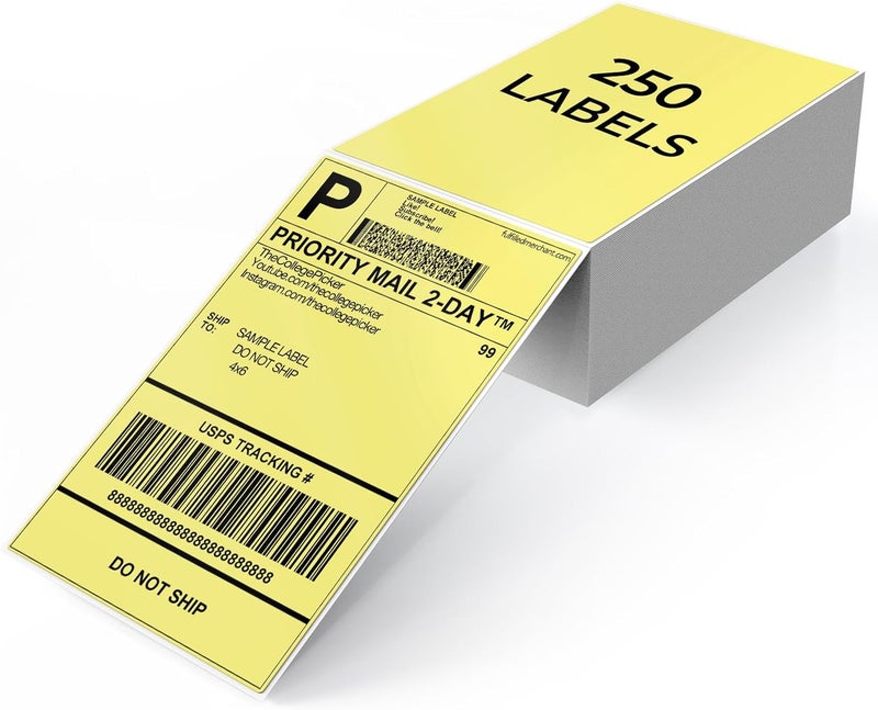 YIKIADA Yellow Shipping Thermal Labels 4 × 6 Inch Vinyl Self-Adhesive Fanfold Direct Stickers Waterproof Perforated Printer Decal for Office Warehouse Home Address 250 PCS - Image 1